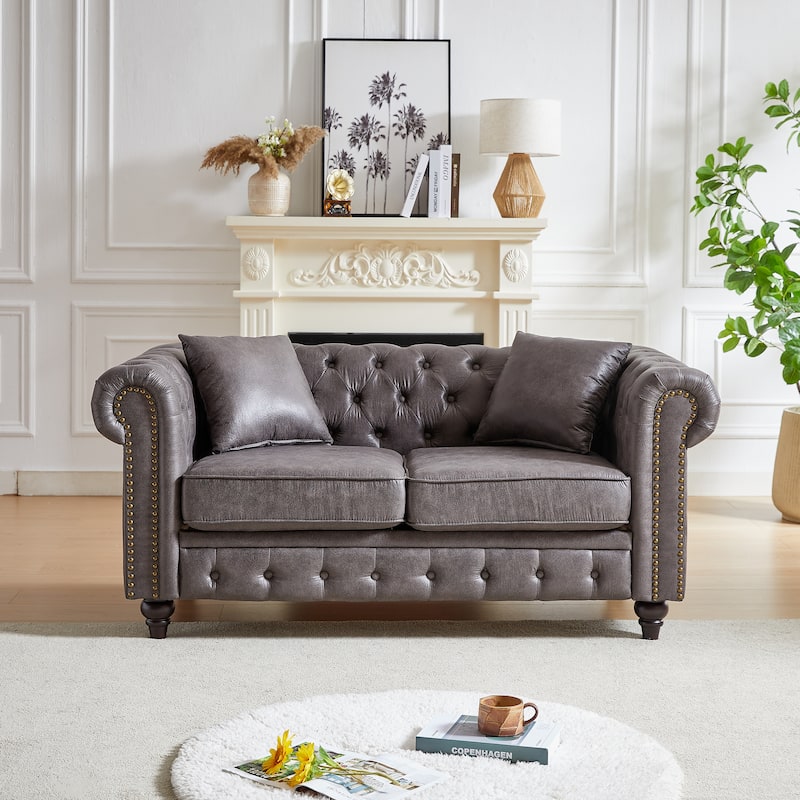 Button-Tufted Chesterfield 63.5" Sofa - Tech Fabric, Wooden Legs, Pillows