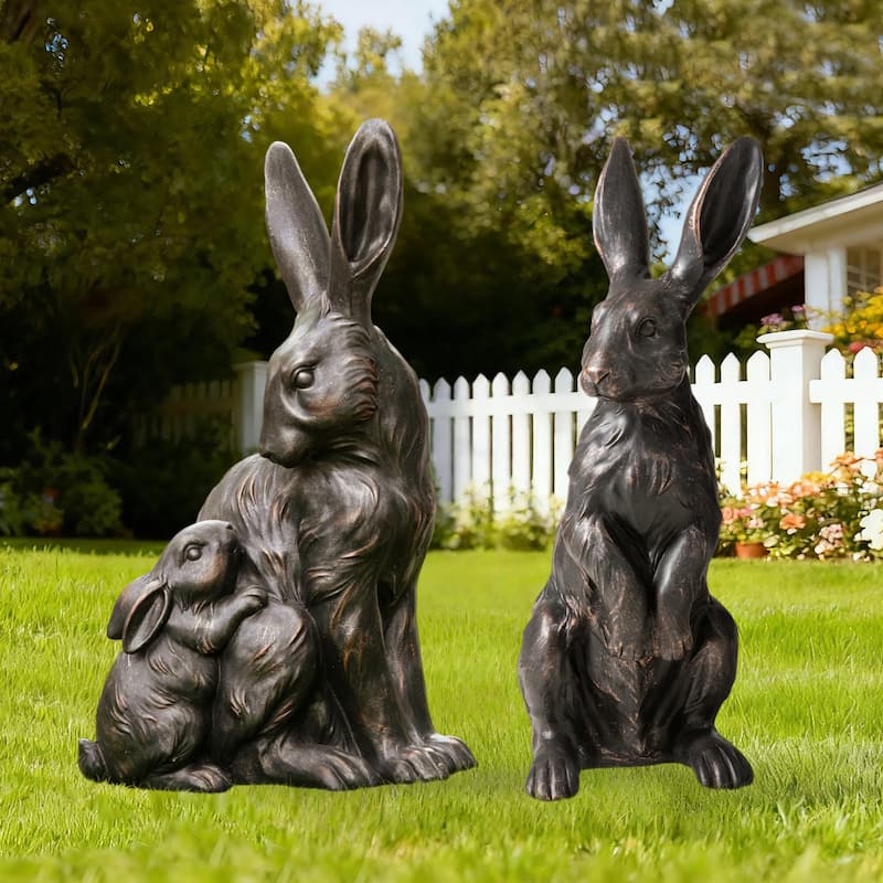 Glitzhome MGO Bronze Mom and Baby Rabbit Statue Standing Bunny Figurine - Set of 2