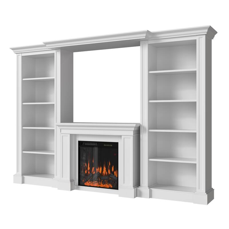 Electric Fireplace Mantel with Bookshelves, 115.5" Entertainment Center with Built-in Shelving