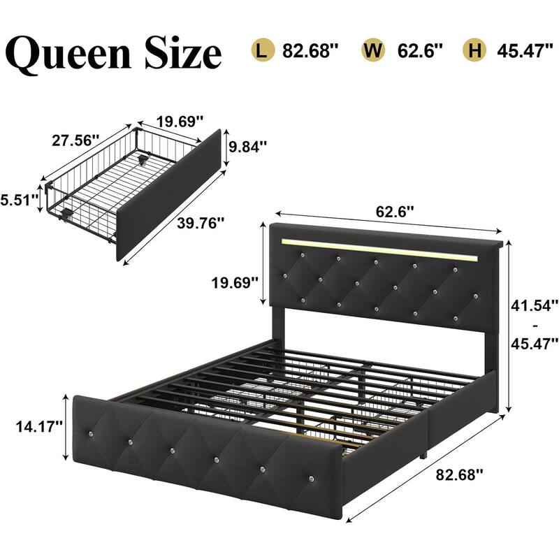 Queen Size Bed Frame with LED Light and Storage Drawers, PU Upholstered Bed Frame with Adjustable Headboard, Charging Station