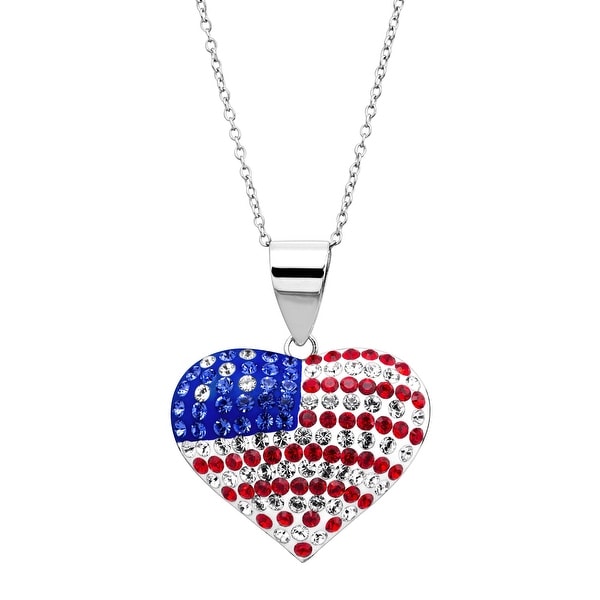Crystaluxe American Flag Puffed Heart Pendant with Swarovski Crystals in Rhodium-Plated Sterling Silver - Red