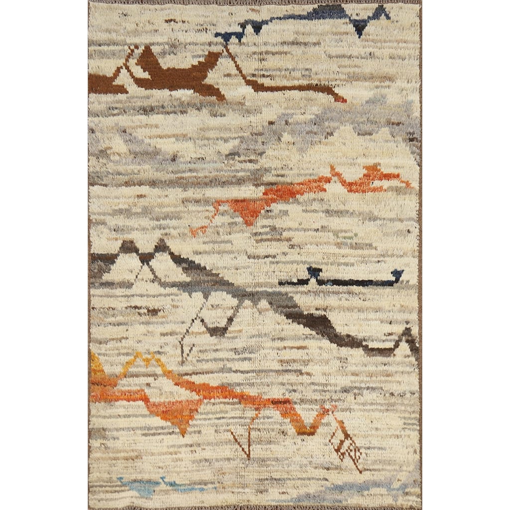 Moroccan Oriental Rug Handmade Beige Geometric Wool Carpet - 3'10" x 6'0"