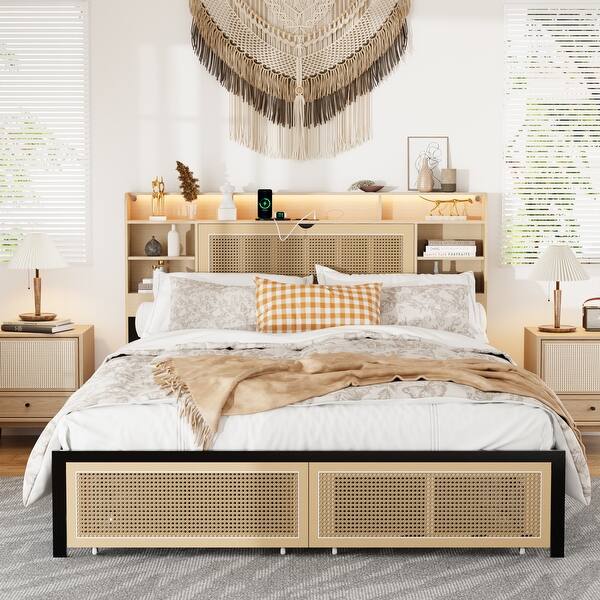 slide 2 of 7, Queen Upholstered Bed with Storage, LED Lights, Built-in Charging Ports, Natural Natural
