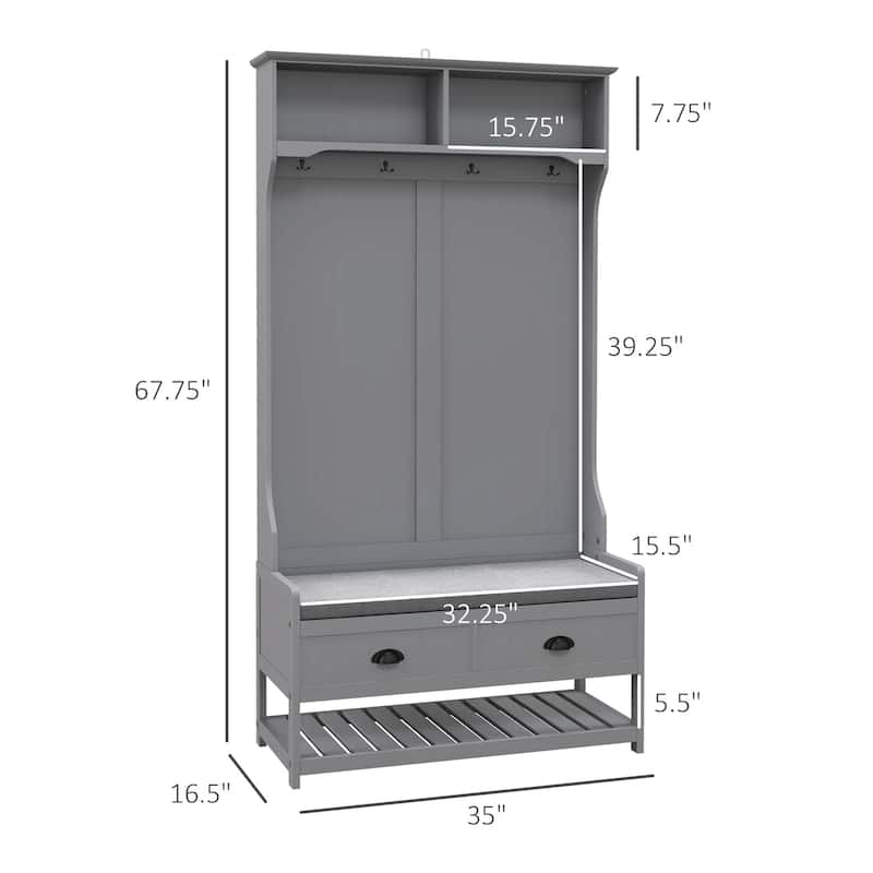 Hallway Hall Tree Cabinet Storage Cabinet with Comfortable Seating and Slatted Shoe Shelf, Coat Rack with Drawers