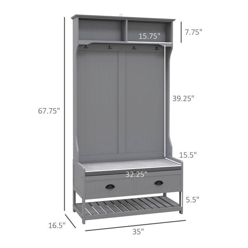 Modern Coat Rack with Entry Bench Shoe Rack 2 Drawers 4 Hooks and Upholstered Seat for Entry and Hallway