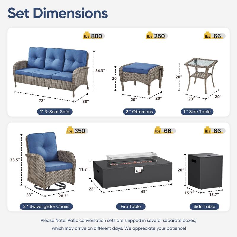 Pocassy Outdoor 7-Piece Sofa Swivel Chair Ottoman with Fire Table