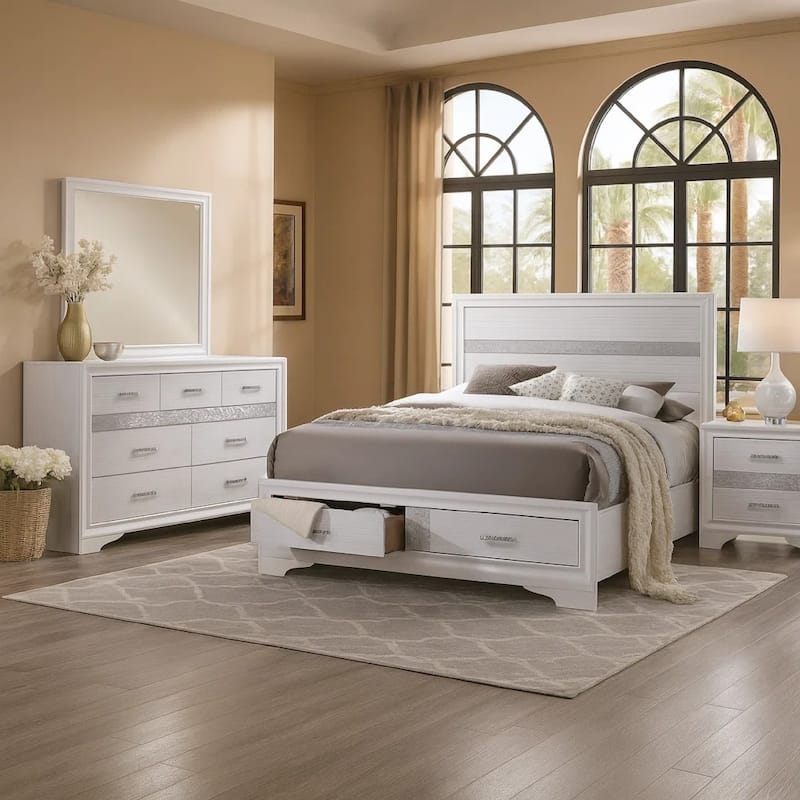 Vino White 4pc California King Bed Set with Dressers, Glitter Accent