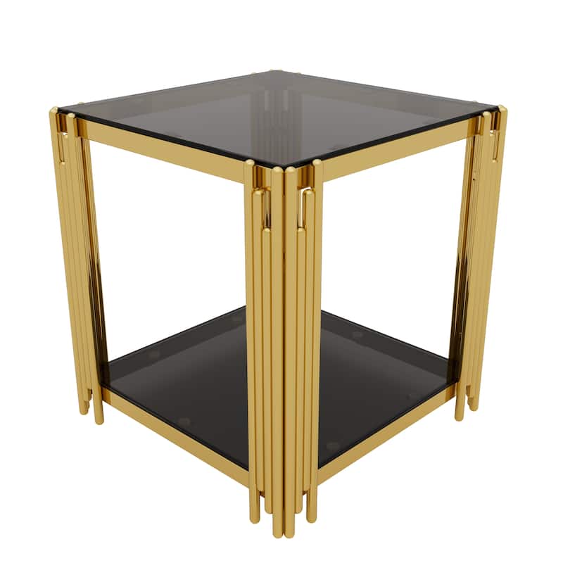 3-Piece Gold & Glass Living Room Table Set with Asymmetrical Metal Frames and Lower Shelves by Harper&Bright Designs