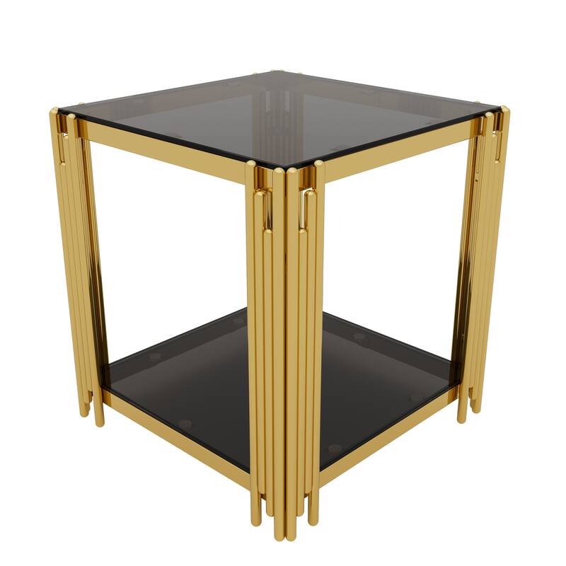 Square Gold & Glass End Table with 2-Tier Shelf and Sculptural Metal Frame by Harper&Bright Designs