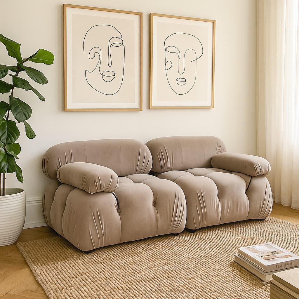 Hito 2 Piece 74 Inch Modular Sofa Set, Tan Brown Bubble Grid Tufting