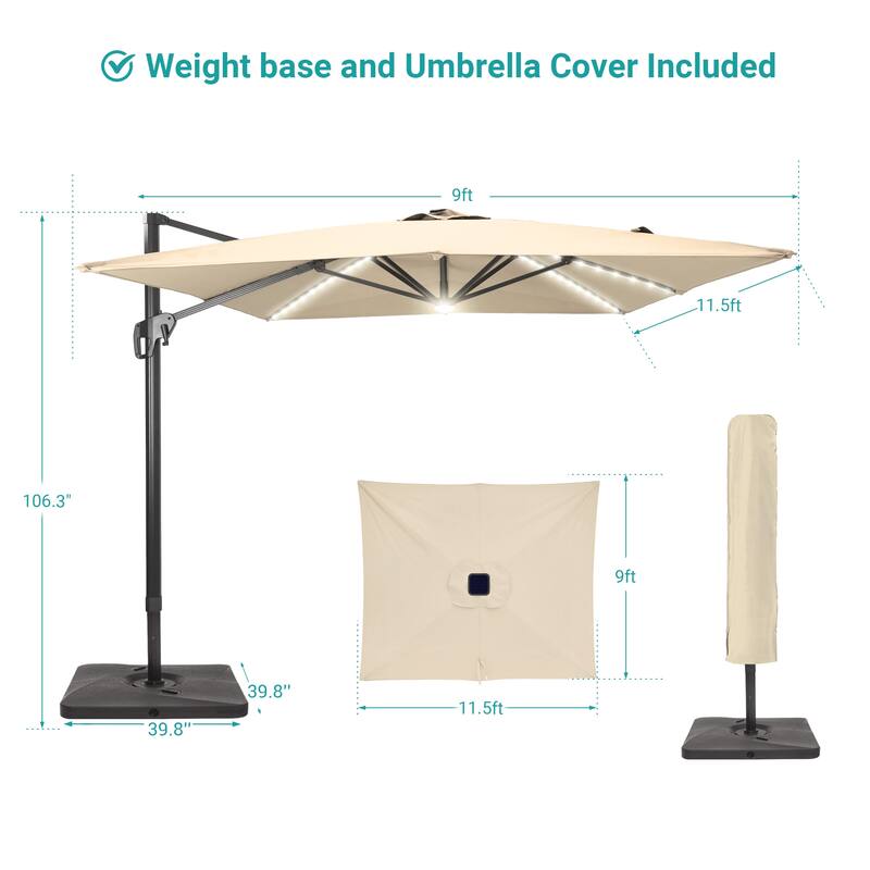 BONOSUKI 11.5x9FT LED Cantilever Patio Umbrella 360 Rotation w/Base