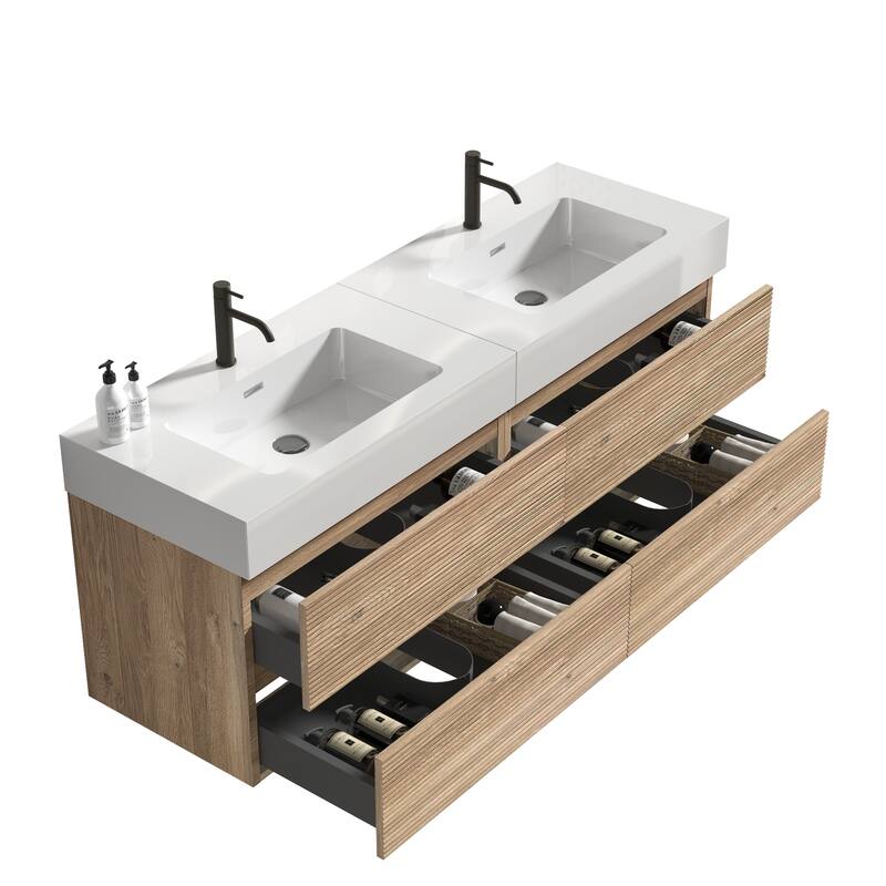 GDFStudio - Grace Wall-Mounted Bathroom Vanity with Engineered Quartz Sink & Soft Close Drawers, without Drainage and Faucet
