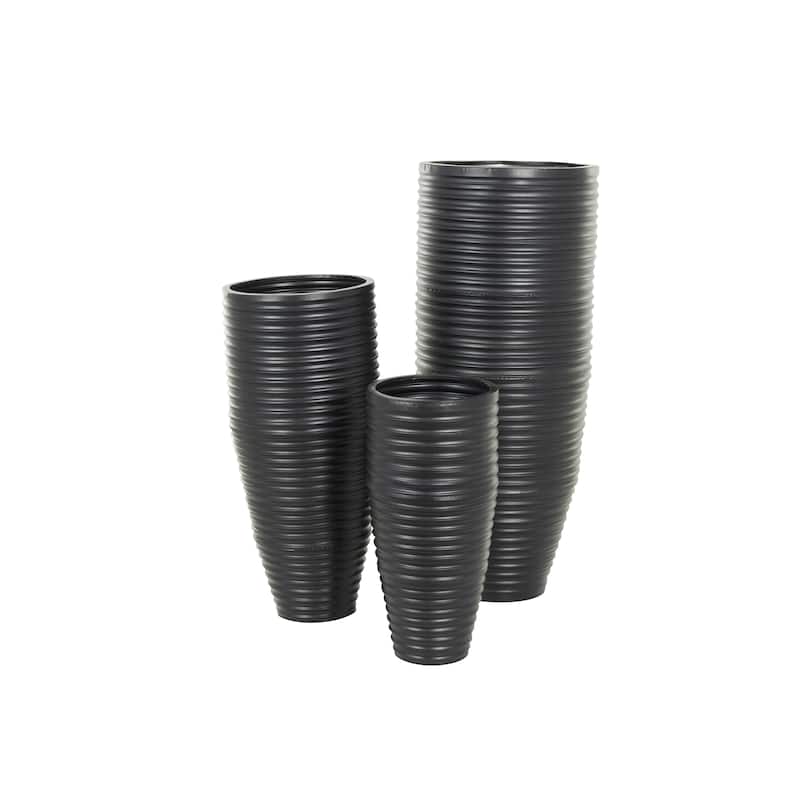 Black Metal Ribbed Tall Floor Decorative Vase with Horizontal Grooves (Set of 3)