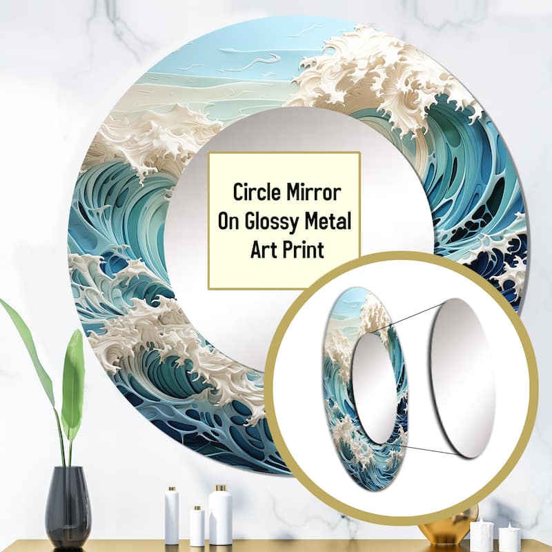 Designart "Blue Kinetic Waves I" Nautical & Beach Round Mirror For Wall Decor - Nautical & Coastal Teal Bedroom Mirror