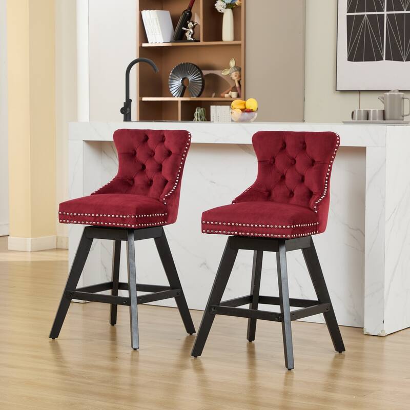 Velvet Swivel Bar Stools Set of 2, Button Tufted Rivet Trim Dining Room Chairs, Kitchen Stools with Wooden Legs