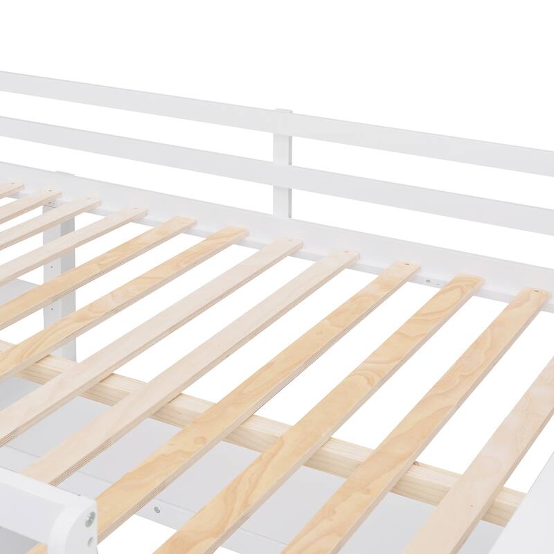 Full Size Loft Bed with Drawers and Writing Desk, Wooden Storage Bed with Shelves, Safety Guardrails and Ladder