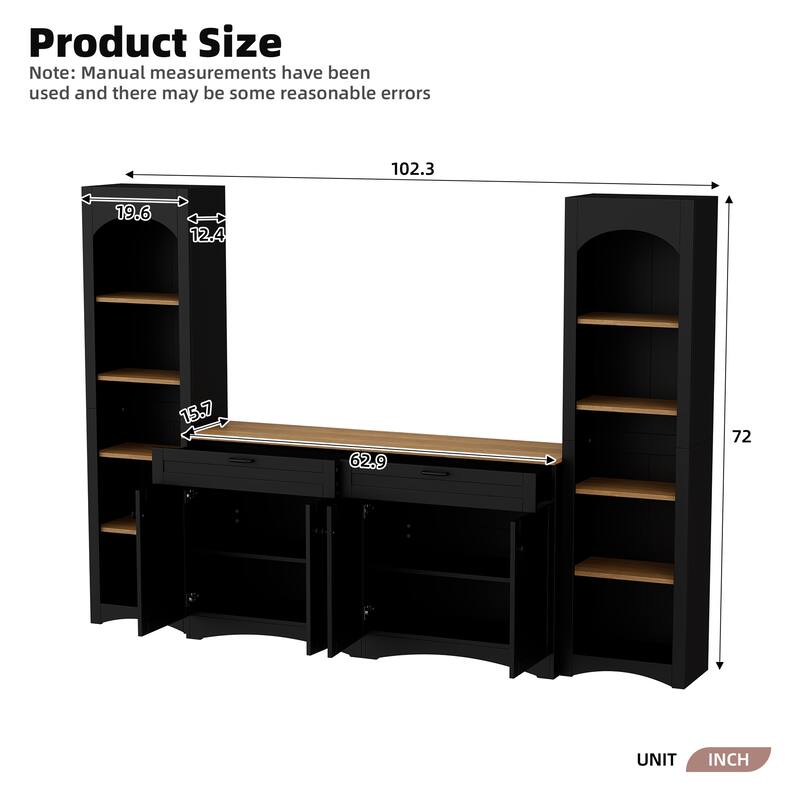 3-Piece, Farmhouse-Style TV Stnad, for TVs up to 70 Inches with Storage Cabinets, Bookshelves, for Living Rooms, Black