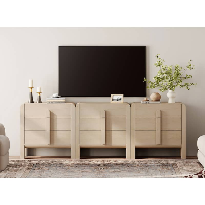 WAMPAT Modern 9 Drawer Dresser TV Stand For Tvs Up To 100 Inch, Cruved Entertainment Center, Wood TV Console With Storage - Light Oak