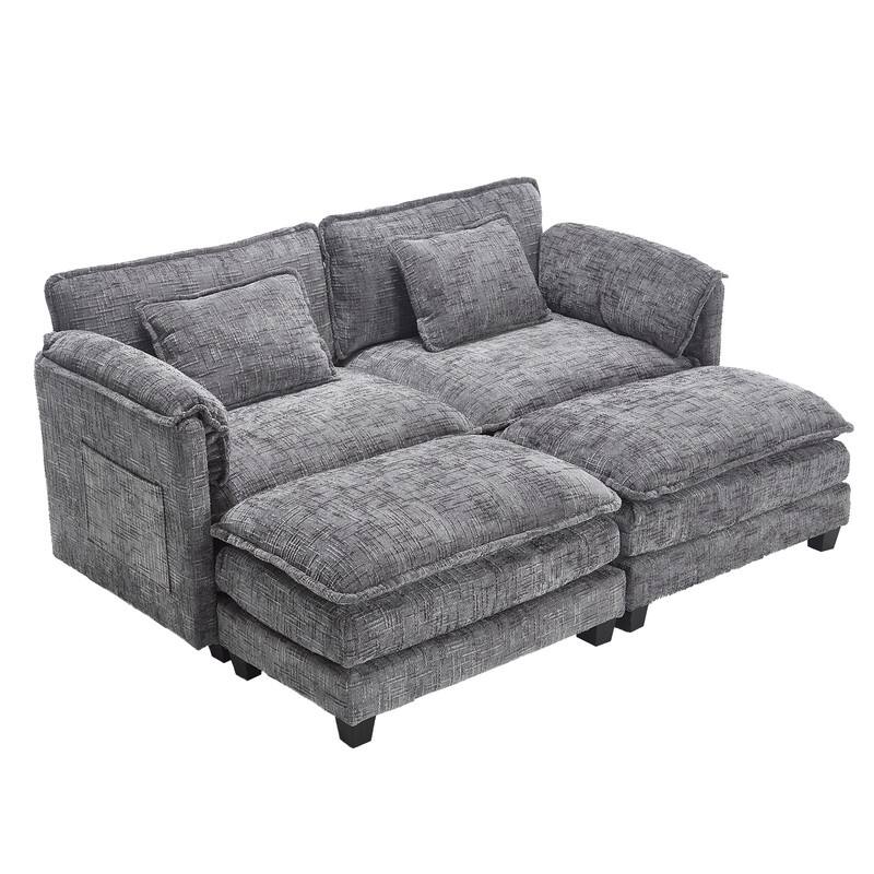 76.77" Chenille Upholstered Sofa with 2 Ottomans