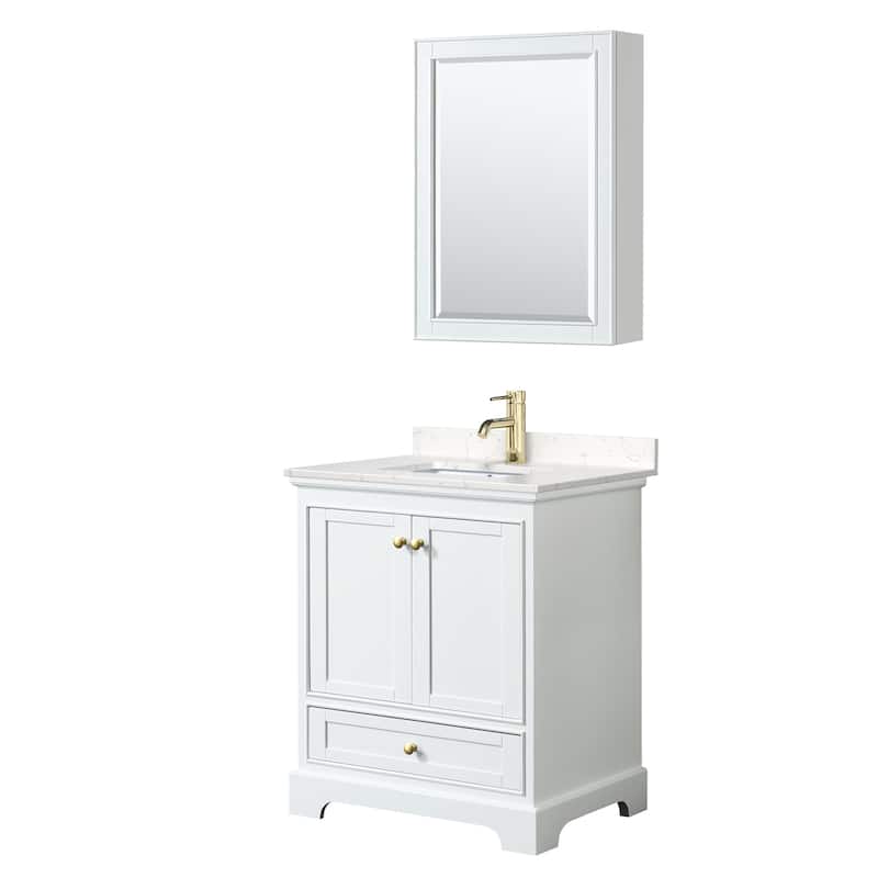 Wyndham Collection Deborah 30" Free Standing Single Basin Vanity Set - White / Carrara Cultured Marble Top / Brushed Gold