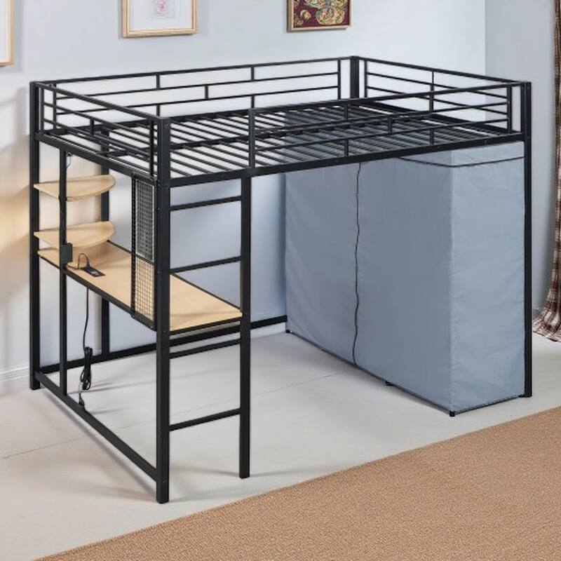 Full Size Metal Loft Bed with Workstation Desk, Built-In Shelves, LED Light Strip, Power Outlet & Hanging Wardrobe Storage - Full Black - Full