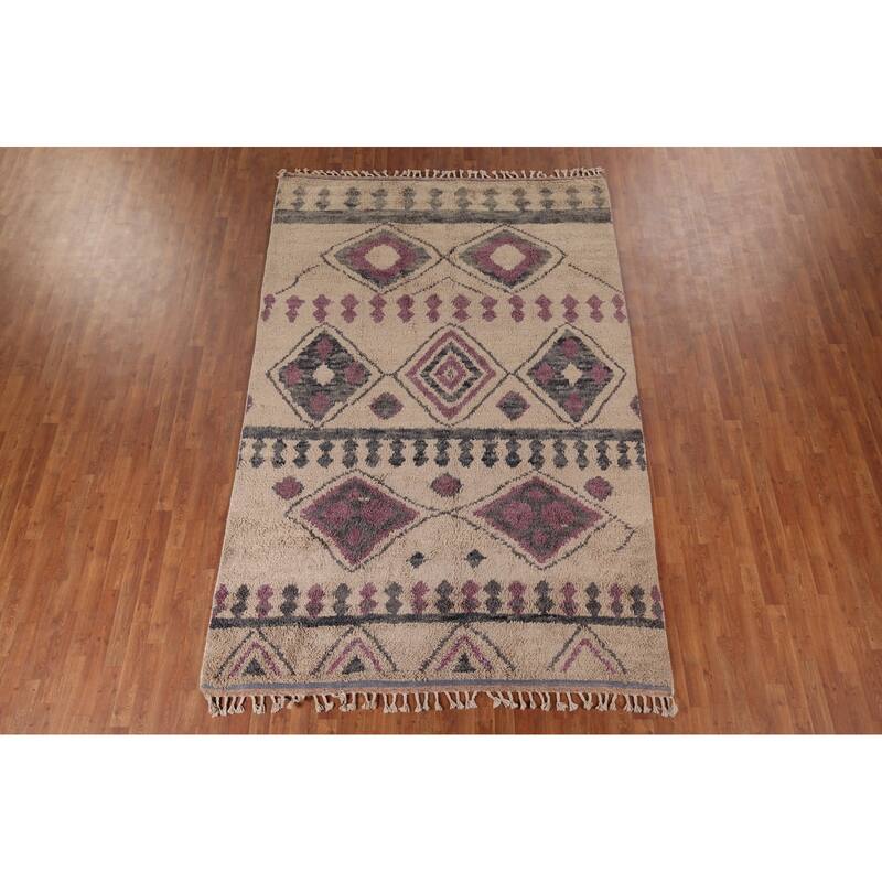 Geometric Plush Moroccan Area Rug Handmade Beige Wool Carpet - 6'9" x 10'4"