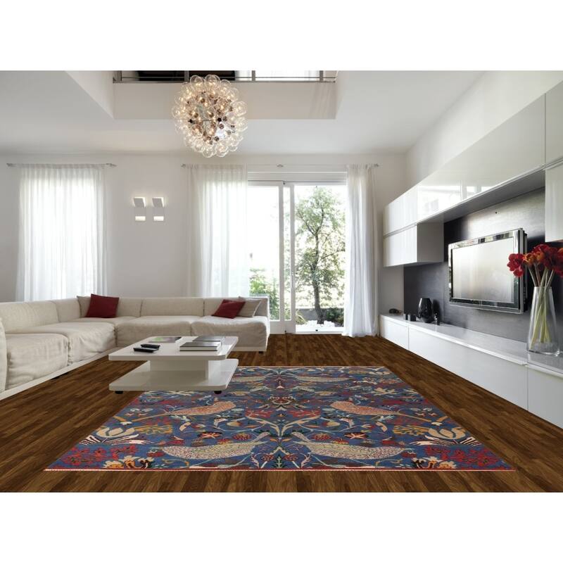 Animals Design Blue Ziegler Oriental Area Rug Hand-Knotted Wool Carpet - 9'11" x 13'8"