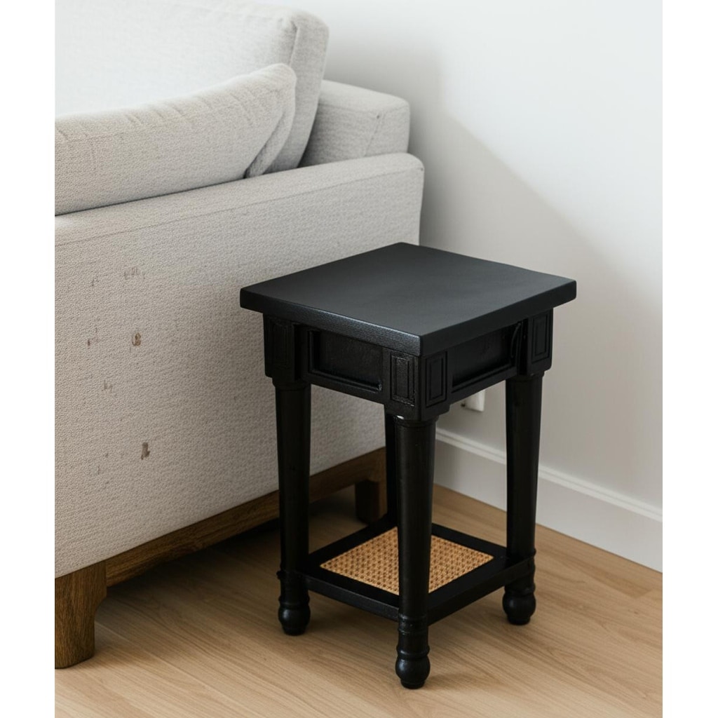 HomeRoots 20" Black And Natural Solid Wood And Cane Square End Table With Shelf - 14.00 in. x 20.00 in. x 14.00 in.