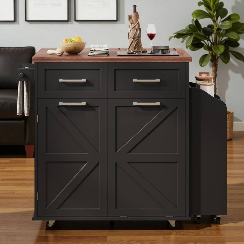 47.2" Farmhouse Kitchen Island with Drop Leaf, Rolling Kitchen Cart with Drawers, Removable Side Racks, and Trash Can Cabinet - Black