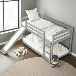 Twin over Twin Low Bunk Bed with Convertible Slide and Ladder, Wooden ...