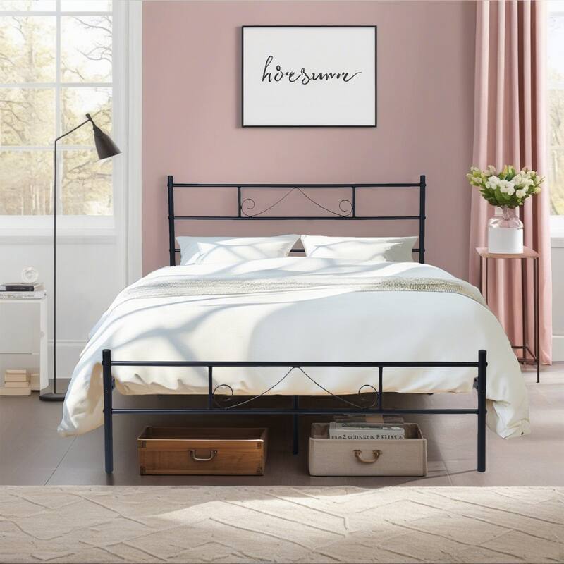 Homy Casa Black Metal Bed Frame with Headboard & Footboard, Full Size