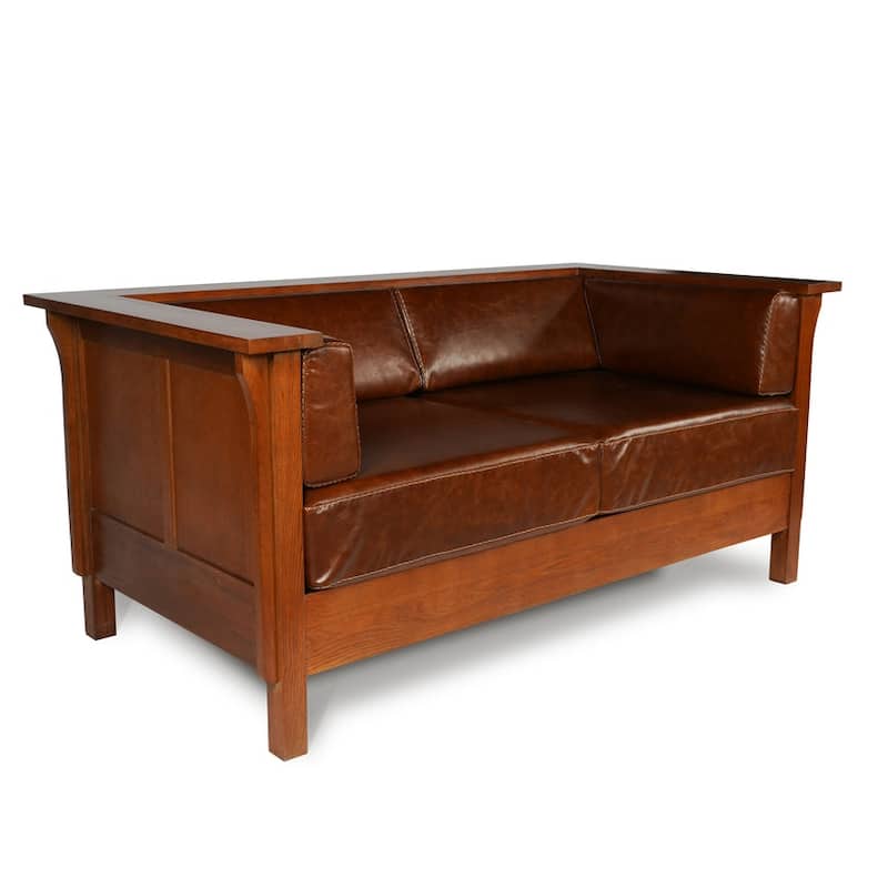 Arts And Crafts / Craftsman Cubic Panel Side Love Seat - Russet Brown Leather (RB2) - Dark Brown