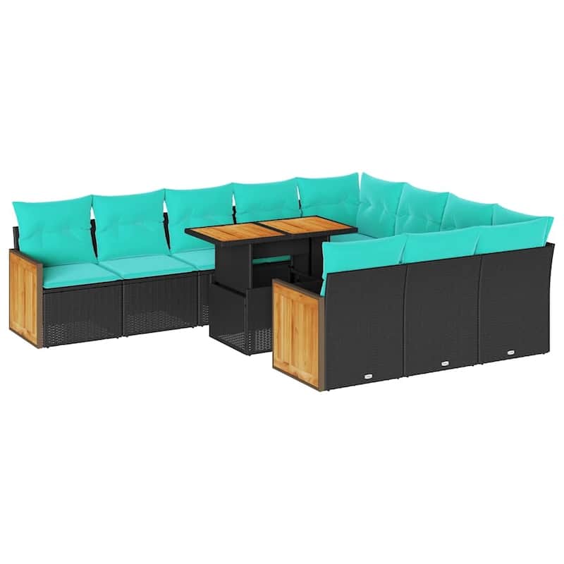 vidaXL 11 Piece Patio Sofa Set with Cushions Black Poly Rattan Acacia - 24.4 x 24.4 x 27.2