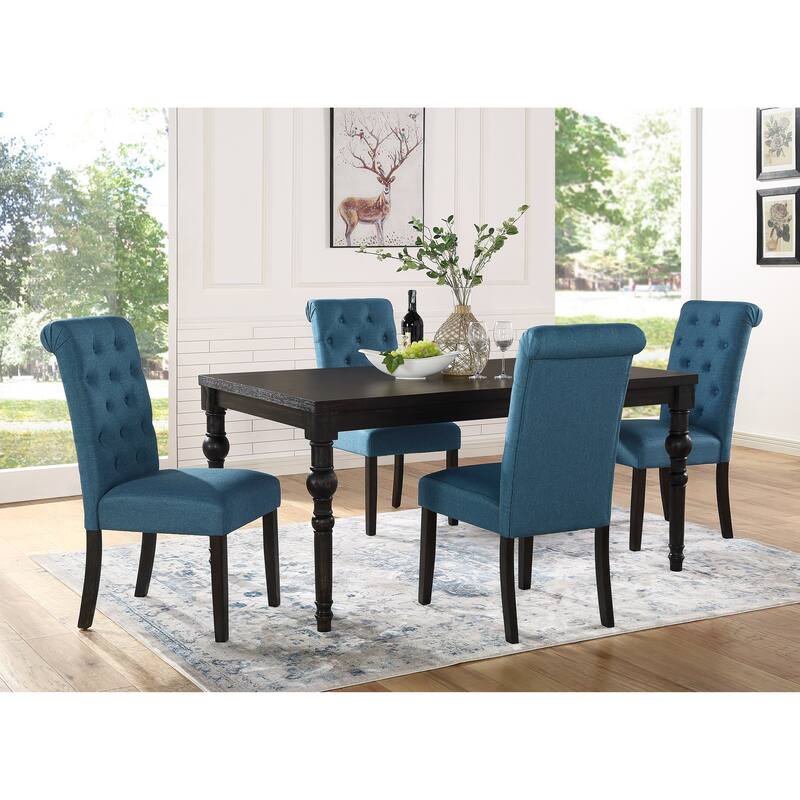 Roundhill Furniture Leviton Urban Style Wood Dark Wash Turned-Leg Dining Set: Table and 4 Chairs - Blue