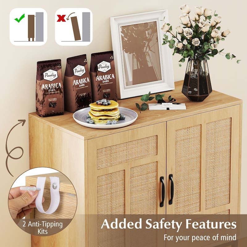 Gymax Rattan Storage Cabinet w/ 2-Door Buffet Sideboard & 3-Position