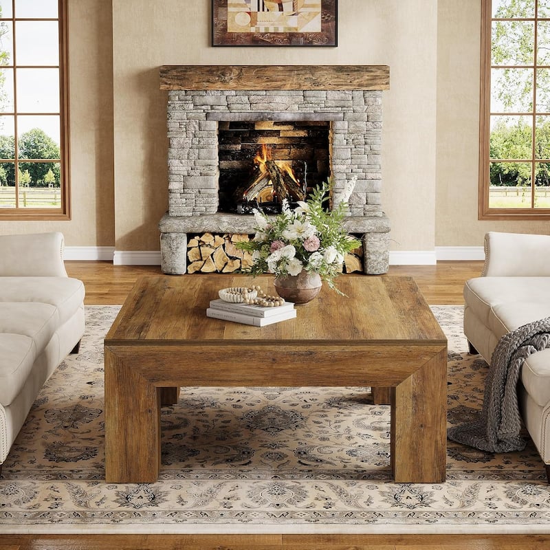 39.4-Inch Square Coffee Table, Farmhouse All Wood Accent Center Cocktail Table
