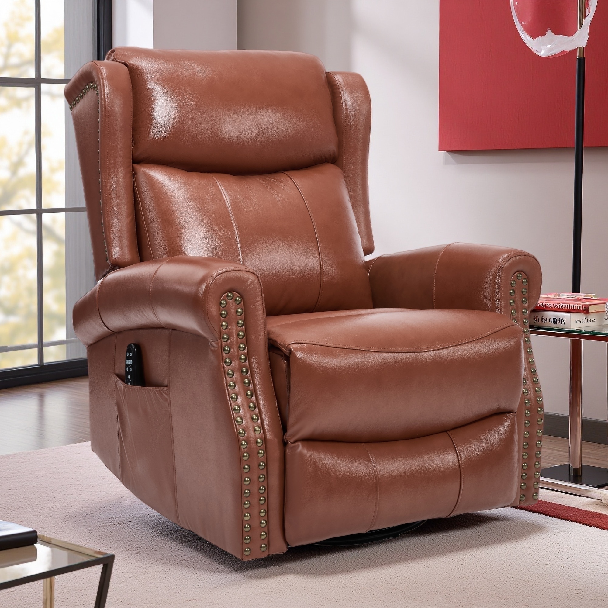 Metal Genuine Leather Manual Recliner Chair with 360° Swivel Rocker and 8-Point Heat Massage