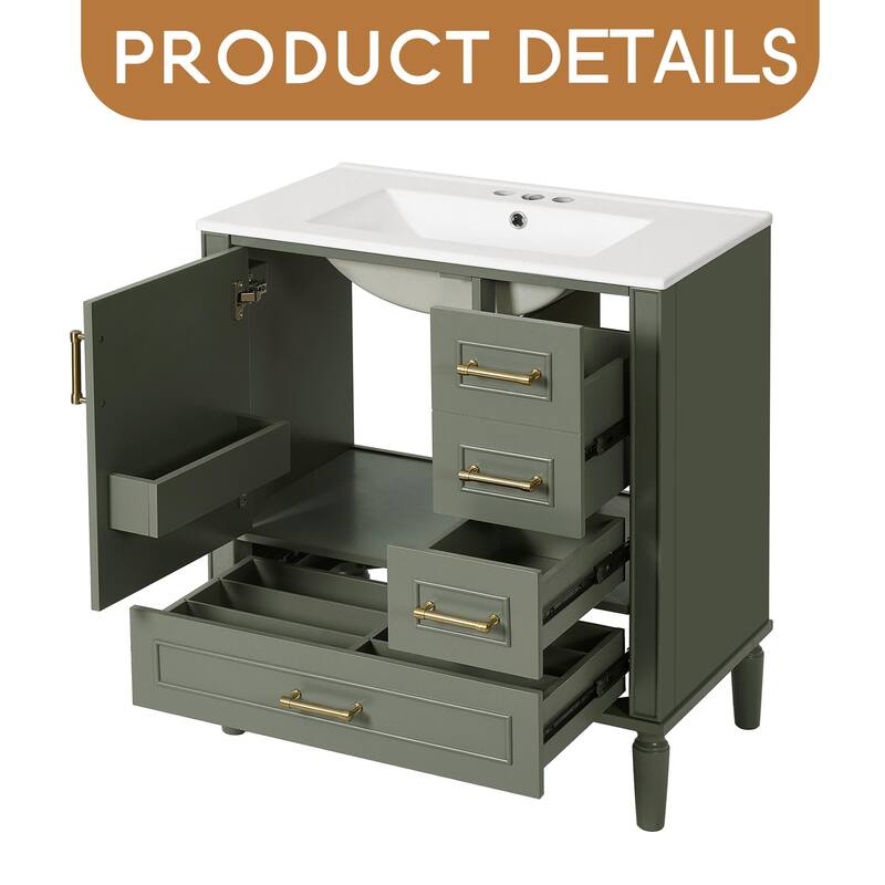 Bathroom Vanity with Ceramic Sink, Soft-Close Door with Built-in Shelf, Deep Drawer, Standard Drawer, Long Divider Drawer