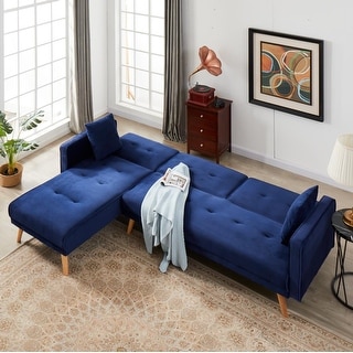 L-shape Sleeper Sectional Sofa Blue Cotton Couch w/ Removable Arms ...