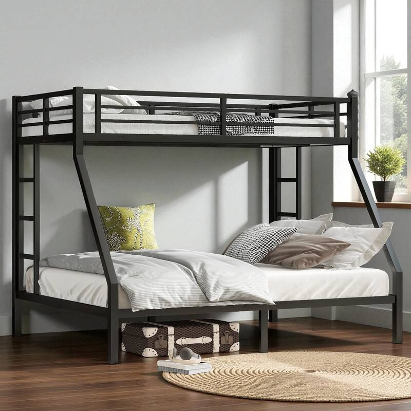 Metal Twin XL over Queen Bunk Bed Frame with Guardrails, Two-Side Ladder, Noise-Free & Space-Saving Design