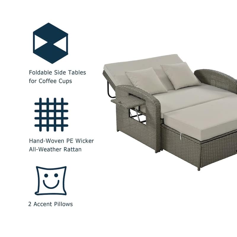 PE Wicker Rattan Double Chaise Lounge 2-Person Reclining Daybed,Free Rain Cover