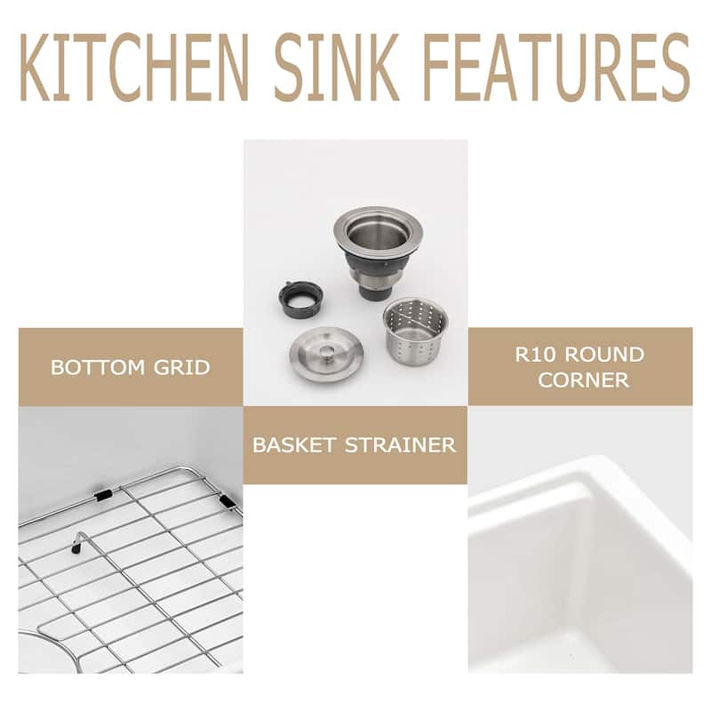 Kichae 33 Inch Ceramic Sink Farmhouse Workstation Apron Front White Kitchen Sink - 33 in.W x 21 in.D x 10 in.H