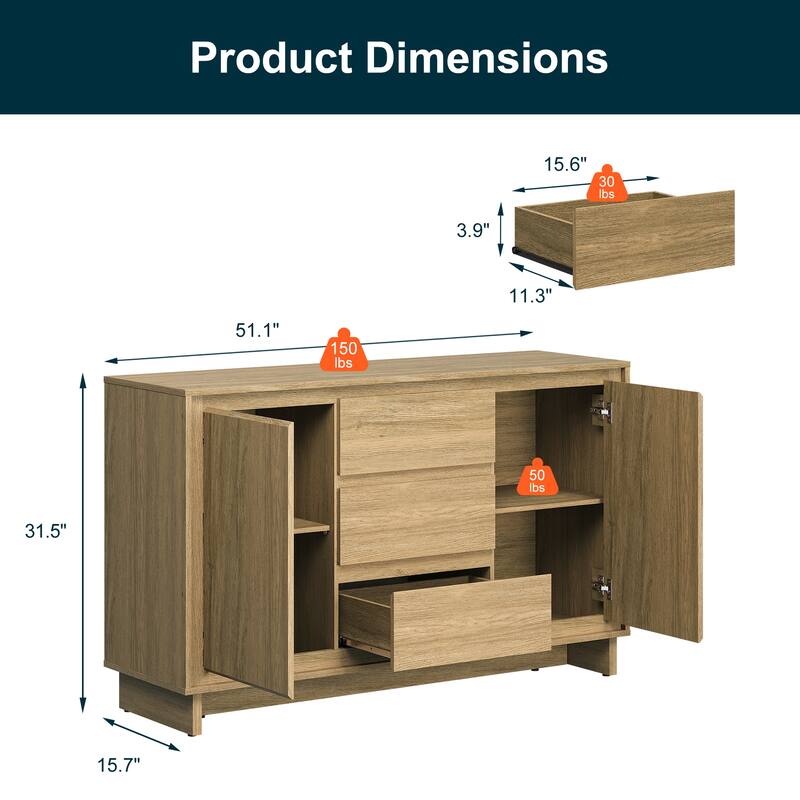 Modern Storage Cabinet with 2 Doors, 3 Drawers & Framed Edge Design - N/A