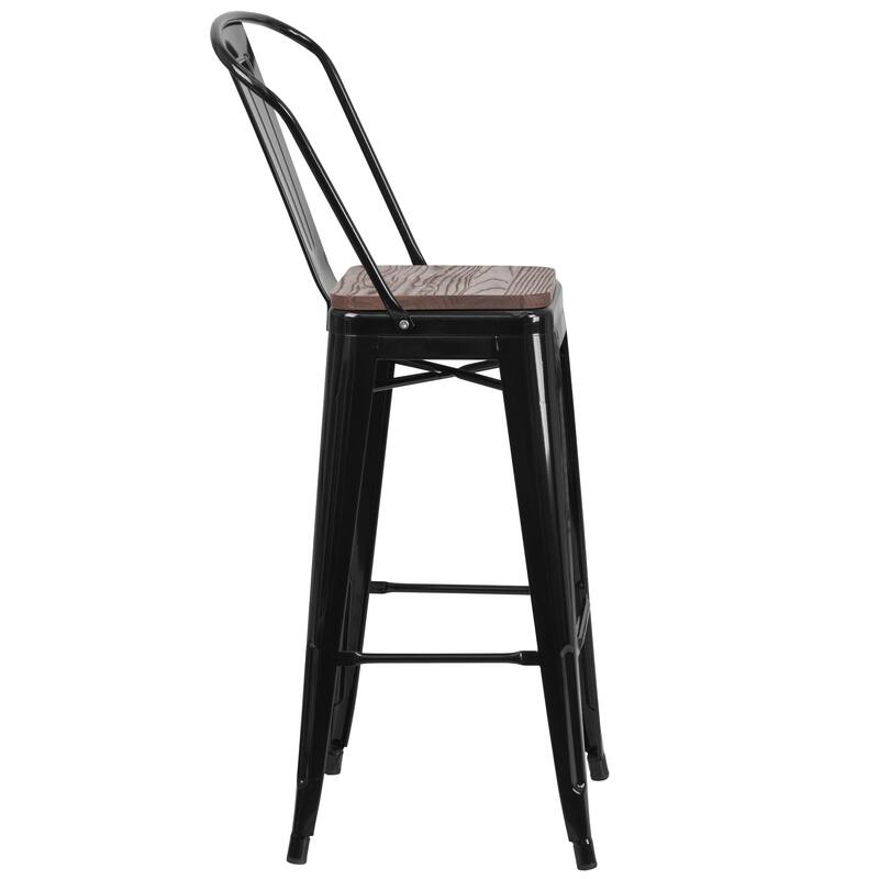 30" High Metal Barstool with Back and Wood Seat - 17.75"W x 20"D x 45.25"H