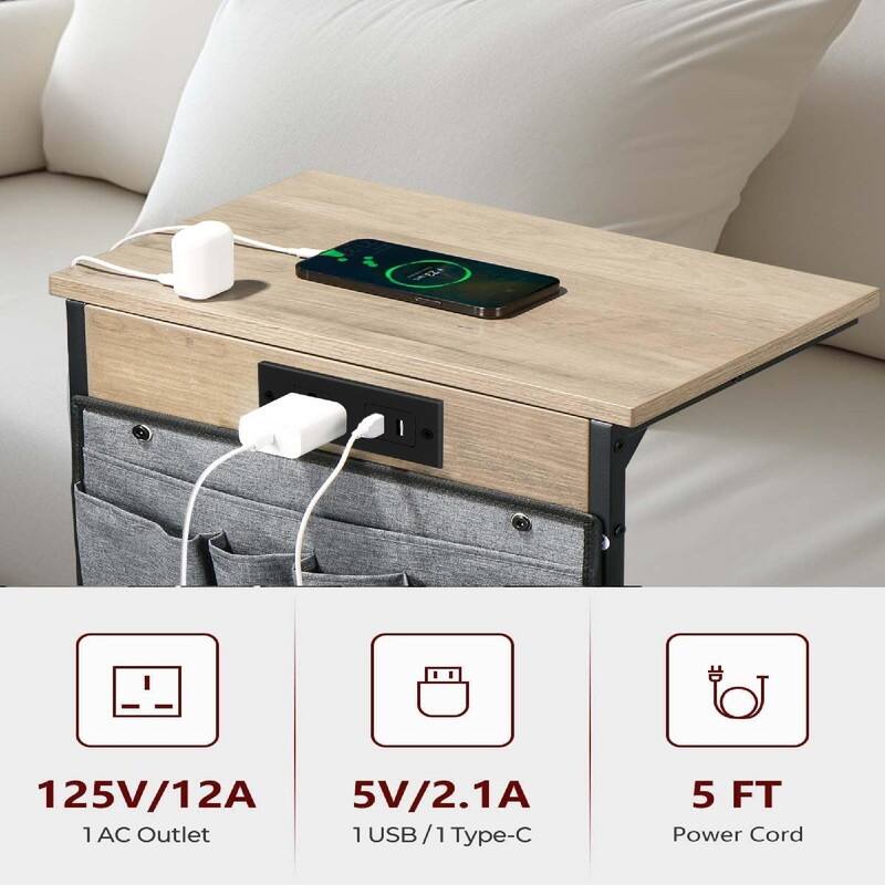 C Shaped End Table with Charging Station - 16"D x 10"W x 28"H