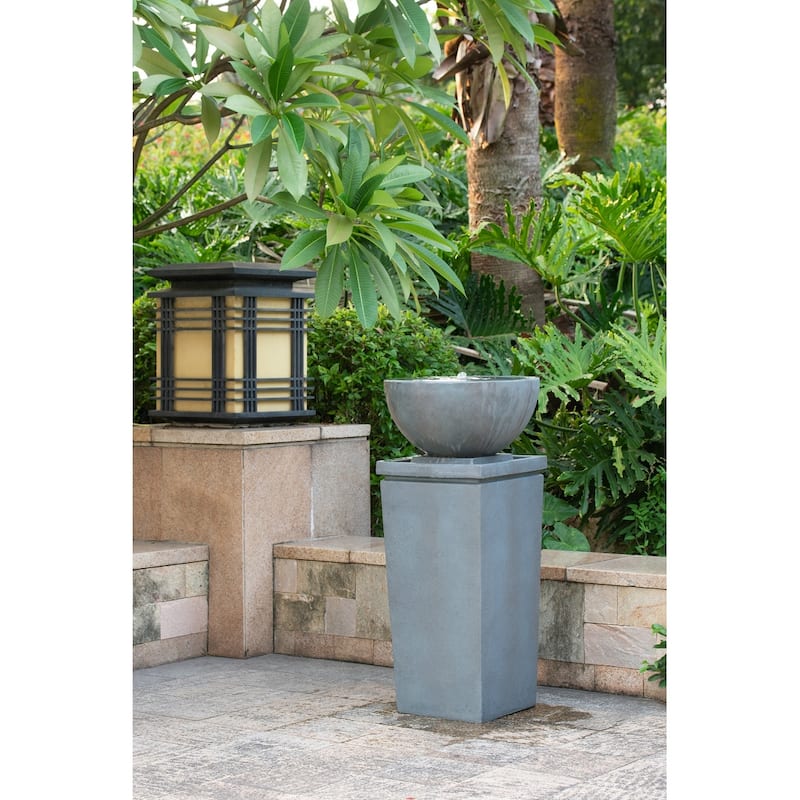 35.5" Polyresin Gray Zen Bowl Water Fountain, Outdoor Bird Feeder /Bath Fountains, Relaxing Water Feature