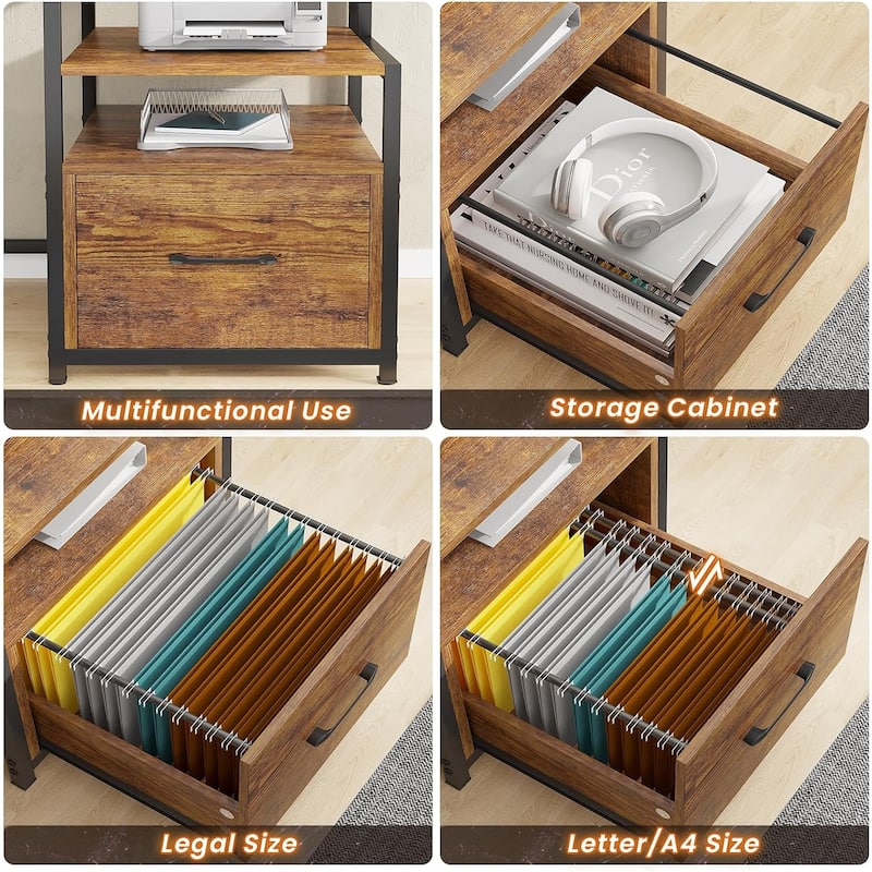 Home Computer Desk File Drawer & Power Outlet 5 Drawer Monitor Shelf