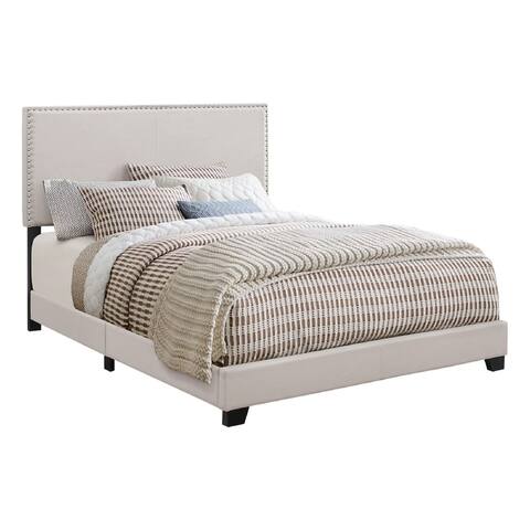 Fabric Upholstered Queen Size Platform Bed with Nail Head Trim, Ivory