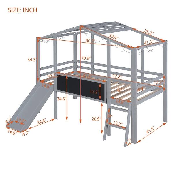 dimension image slide 0 of 2, Twin Loft House Bed with Slide, Blackboard, Light Strip, Ladder