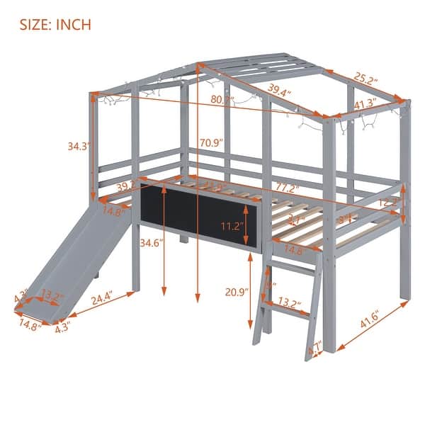 dimension image slide 0 of 2, Twin Size Loft House Bed with Ladder and Slide, Blackboard and Light Strip on The Roof
